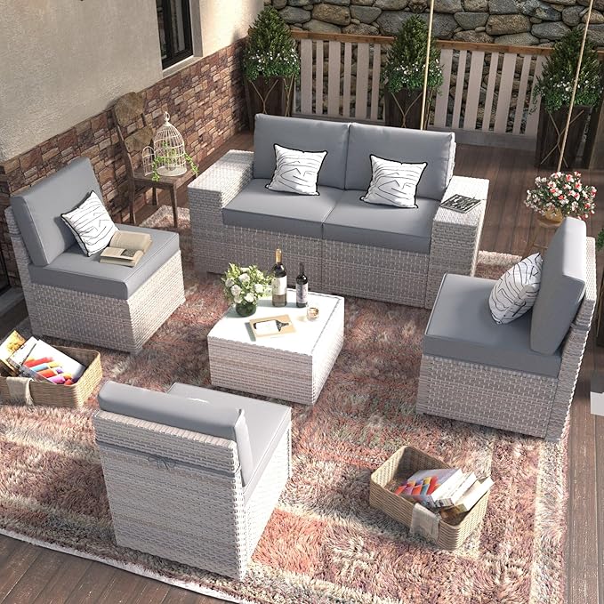 6-Piece Patio Furniture Set, Outdoor Extra Wide Armrest Modular Patio Sofa, Dual-Strand Rattan Wicker, Rust-Resistant Frame, Backyard High Back, Large Seat Furniture for Porch Garden Balcony, Grey