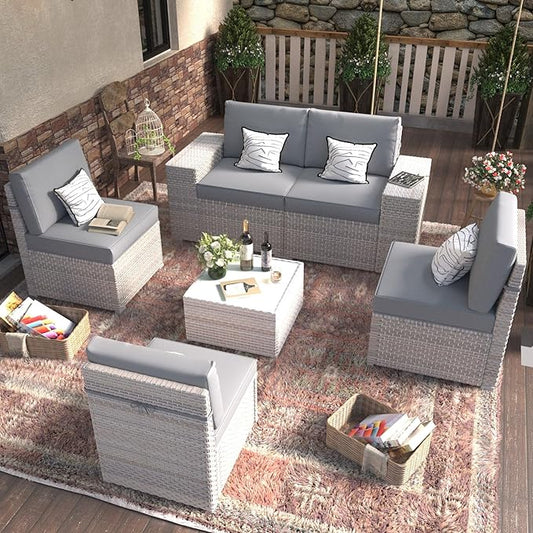 6-Piece Patio Furniture Set, Outdoor Extra Wide Armrest Modular Patio Sofa, Dual-Strand Rattan Wicker, Rust-Resistant Frame, Backyard High Back, Large Seat Furniture for Porch Garden Balcony, Grey