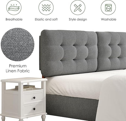 Tufted Upholstered King Headboard, Adjustable Height King Size Headboard Only from 39”to 44” with Durable Solid Wood Legs, Modern Button Diamond Fabric Head Board with Width Adapters, Grey