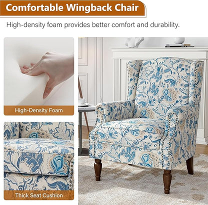 Floral Wingback Accent Chairs Set of 2, High Back Upholstered Armchair, Comfy Fabric Wingback Arms Chairs with Retro Solid Wood Legs, Single Sofa Reading Chair for Bedroom Living Room, Boho Blue