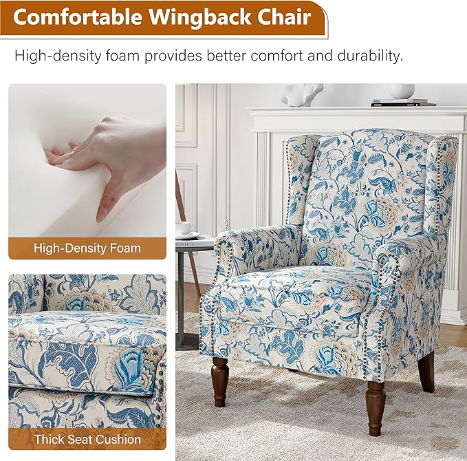 Floral Wingback Accent Chair, High Back Upholstered Armchair, Comfy Fabric Wingback Arms Chairs with Retro Solid Wood Legs, Single Sofa Reading Chair for Bedroom Living Room, Boho Blue