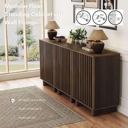 Sideboard Buffet Cabinet with Storage, Walnut Freestanding Floor Cabinet Farmhouse Sideboard with 2 Fluted Doors Wooden Hallway Cabinet Media Console Table Credenza for Living Room Dining Room, 2PCS