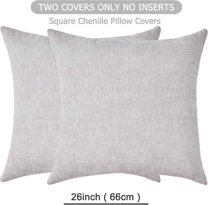 GAWAMAY Decorative Chenille Throw Pillow Covers 26x26 Inch Pack of 2, Soft Square Couch Pillow Cover for Sofa Cushion Living Room Bedroom Oversized Pillowcases Light Grey 66x66cm (ONLY Covers)