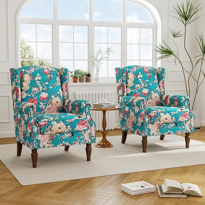 Accent Chair, Upholstered High Back Floral Armchair with Nailhead Trim & Wood Legs, Comfy Wingback Reading Single Sofa Chair for Small Spaces, Living Room, Bedroom ( Peacock Blue Floral, Set of 2)