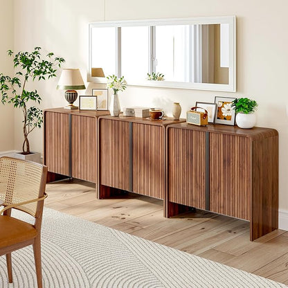 BERRYMERRY 2 Door Fluted Sideboard Buffet Cabinet with Storage, Modern Wood Cabinet with Adjustable Shelves for Living Room, Dining Room (Brown 4 Doors)