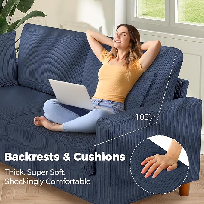 Kidirect 70in Corduroy Couch, Sofa No Tool Assembly, Comfy Couches for Living Room 21in Deeper Seats, Corduroy Sofas for Living Room with 2 Pillows, Oversized Loveseat Sofa, Boho Love Seat Blue Couch