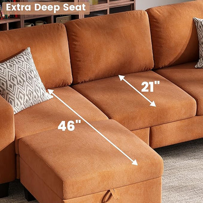 Sectional Sofa and Couches for Living Room, 78'' Orange 3 Seat L-Shaped Couch with Movable Ottoman, Comfy Velvet Convertible Sectionals Sofas with Chaise for Apartment, Office, Small Space