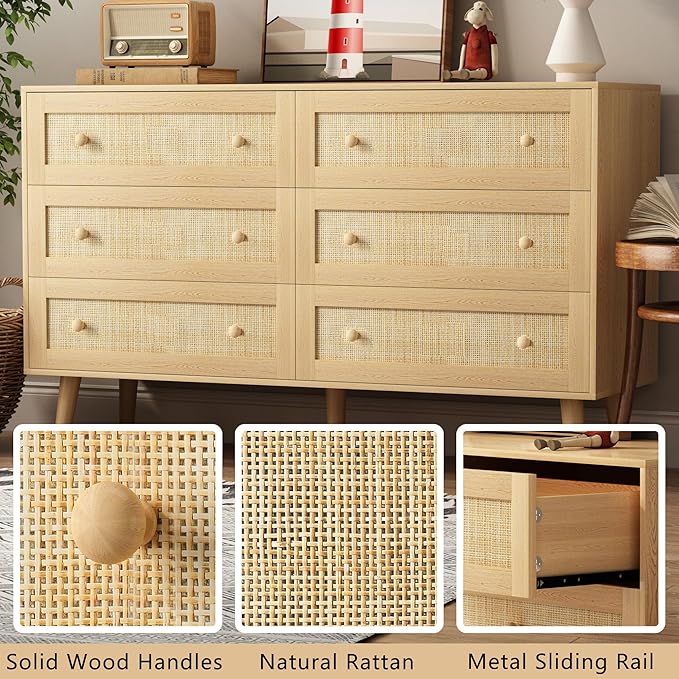 Rattan Dresser for Bedroom, Modern 6 Drawer Dressers & Chest of Drawers, Natural Boho Dresser with Handles Wood Storage Organizer Modern Dressers for Closet, Hallway, Office