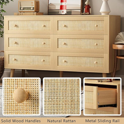 Rattan Dresser for Bedroom, Modern 6 Drawer Dressers & Chest of Drawers, Natural Boho Dresser with Handles Wood Storage Organizer Modern Dressers for Closet, Hallway, Office