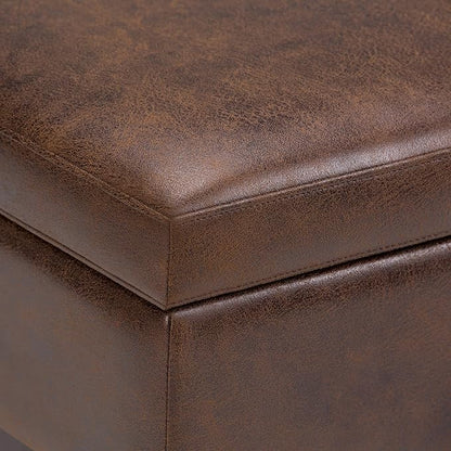 SIMPLIHOME Owen 36 inch Wide Mid Century Modern Square Coffee Table Storage Ottoman in Distressed Chestnut Brown Vegan Faux Leather, Assembled, for the Living Room, Entryway and Family Room