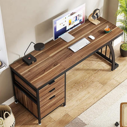Tribesigns Computer Desk with 3 Drawers, 59-Inch PC Desk with Reversible Drawers, Industrial Study Writing Table Workstation with File Storage for Home Office, Walnut