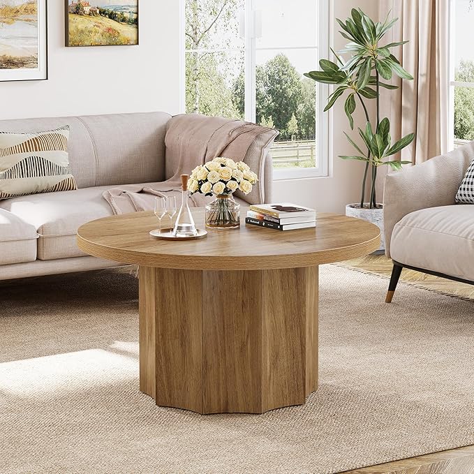 Tribesigns Round Coffee Table, 31.5" Mid Century Modern Center Table with Fluted Base, Farmhouse Wooden Accent Cocktail Tables for Small Space, Living Room, Apartment, Brown