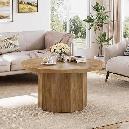 Tribesigns Round Coffee Table, 31.5" Mid Century Modern Center Table with Fluted Base, Farmhouse Wooden Accent Cocktail Tables for Small Space, Living Room, Apartment, Brown