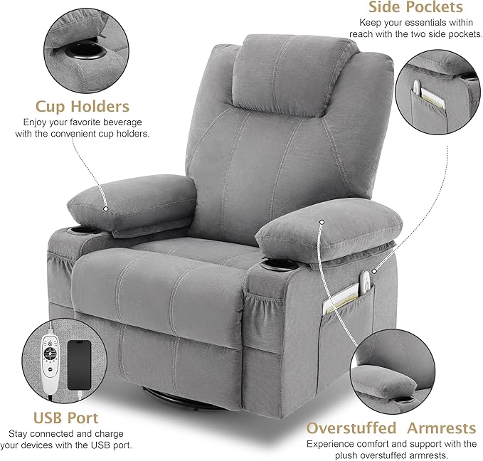 Oversized Swivel Rocker Recliner Sofa Chair with Heat and Massage, Large Big Recliner for Living Room, 360 Degree Swivel Rocking Single Sofa with Cup Holders and USB Port(Fabric, Cloud Grey)
