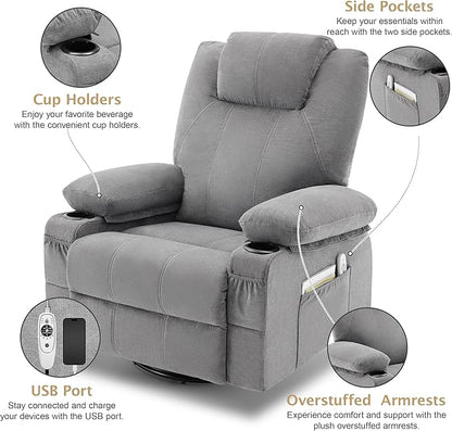 Oversized Swivel Rocker Recliner Sofa Chair with Heat and Massage, Large Big Recliner for Living Room, 360 Degree Swivel Rocking Single Sofa with Cup Holders and USB Port(Fabric, Cloud Grey)