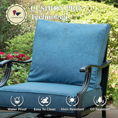 Patio Furniture Set, 6 Pcs Metal Outdoor Conversation Set, 2 Single Chairs, 2 Ottomans and 3 Seater Sofa with 5.75" Extra Thick Cushion and Gas Fire Pit Table, Navy Blue