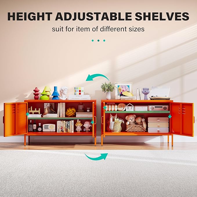 SISESOL Orange Metal Storage Cabinet with Doors and Shelves,2 Door Wide Metal Locker Accent Storage Cabinet with Leg & Vent Hole,Wide TV Cabinets,Low Side Cupboard for Home,Office,Dining/Living Room