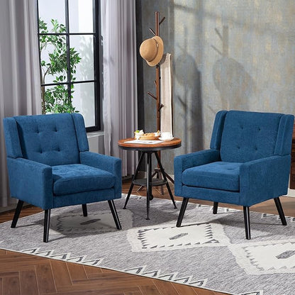 Mid-Century Modern Accent Chair Set of 2, Plush Linen Fabric with Button Tufted High Back & 5" Thick Cushion, High Comfort Reading Chair for Living Room, Bedroom, Office (Blue)