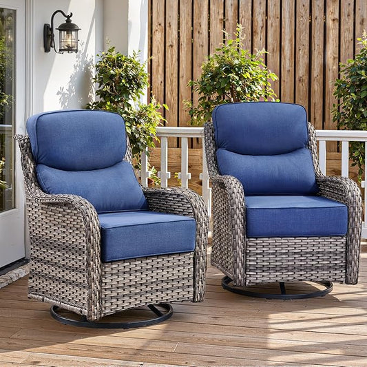 Belord Luxury 6" Thick Cushioned Outdoor Swivel Rocker Patio Chairs of 2, High Back Wicker Patio Furniture Set with Ergonomic Zone Back, Conversation Glider Set for Deck Porch - Grey+Blue