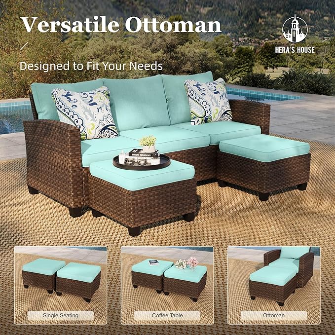 HERA'S HOUSE Wicker Patio Furniture Set, 5 Pieces Outdoor Furniture Set, Deep Seating Patio Conversation Sofa Sets for Lawn Deck Backyard, Blue