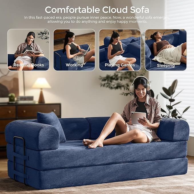 79" Convertible Sofa Bed with Fixed-Shape Frame & Removable Armrests, Modular Corduroy Sleeper Sofa, Folding Mattress Couch for Small Spaces - No Assembly Needed in Navy Blue (Includes 2 Pillows)
