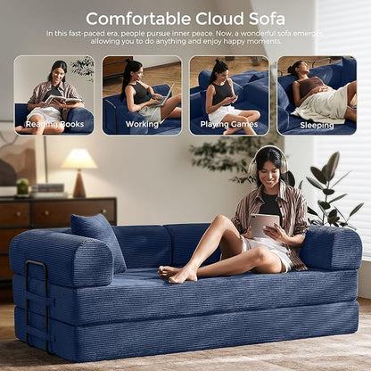 79" Convertible Sofa Bed with Fixed-Shape Frame & Removable Armrests, Modular Corduroy Sleeper Sofa, Folding Mattress Couch for Small Spaces - No Assembly Needed in Navy Blue (Includes 2 Pillows)