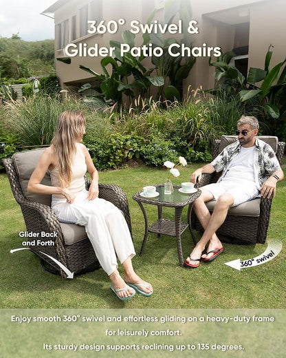 HUMMUH Outdoor Rocking Chair-Outdoor Swivel Chairs Set of 2 with 5" Thick Cushions Wicker Patio Chairs for Deck Porch Garden Poolside Backyard-Grey/Grey