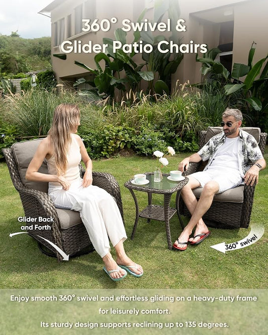 HUMMUH 6-Piece Outdoor Wicker Patio Furniture Set with Swivel Glider Chairs, 3-Seat Sofa & Ottomans 5” Olefin Cushions Ergonomic Neck-Lumbar Backrest All-Weather Rattan for Garden, Deck, Porch