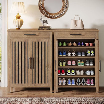 Tribesigns Shoe Cabinet, 5-Tier Shoe Storage Cabinet with Louvered Doors and Drawer, Freestanding Wooden Shoe Rack Organizer with Adjustable Shelves for Entryway, Hallway, Natural