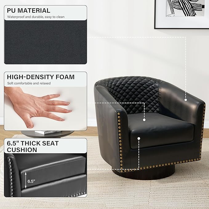Pia Ricco Faux Leather Swivel Barrel Accent Chairs, 360° Swivel Round Single Sofa Chair, Comfy Upholstered Club Armchair with Nailhead Trim for Living Room/Reading Room/Bedroom, Black