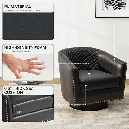 Pia Ricco Faux Leather Swivel Barrel Accent Chairs, 360° Swivel Round Single Sofa Chair, Comfy Upholstered Club Armchair with Nailhead Trim for Living Room/Reading Room/Bedroom, Black