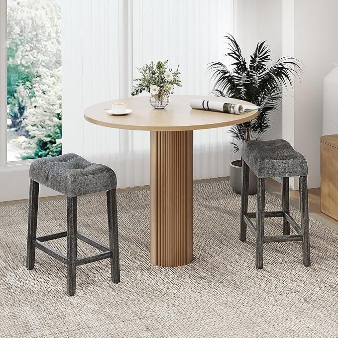 COSTWAY Wooden Saddle Stools Set of 4, 24-inch Counter Height Upholstered Backless Bar Stools with Solid Rubber Wood Legs, Padded Seat, Farmhouse Dining Chairs for Kitchen Island, Cafe, Grey