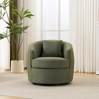 Swivel Accent Chair, Modern Upholstered Boucle Barrel Arm Chairs with Pillow for Living Room, 360 Degree Round Swivel Sherpa Armchair with Round Base for Bedroom Club (1, Green)
