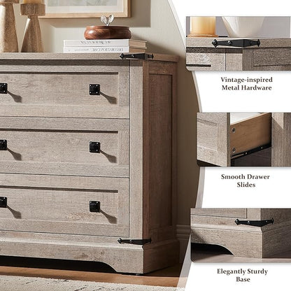 T4TREAM Farmhouse 3 Drawers Dresser for Bedroom, Rustic Wood Double Dresser TV Stand, Wide Storage Dressers Organizer for Living Room, Hallway, Light Rustic Oak
