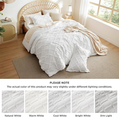 Bedsure Boho Comforter Set Twin - White Tufted Twin Size Comforter, 2 Pieces Farmhouse Shabby Chic Embroidery Bed Set, Soft Fluffy Geometric Pattern Bedding for All Seasons