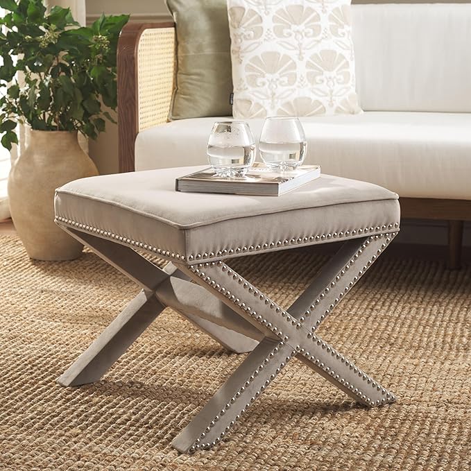 SAFAVIEH Home Collection Palmer Mushroom Taupe with Silver Nailhead Trim X-Bench Ottoman Foot Stool, Fully Assembled (MCR4589V)