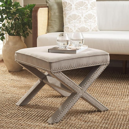 SAFAVIEH Home Collection Palmer Mushroom Taupe with Silver Nailhead Trim X-Bench Ottoman Foot Stool, Fully Assembled (MCR4589V)