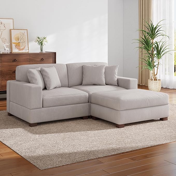 Modular Sectional Couches for Living Room, Modern Loveseat 2-Seater Sofa Couch with Ottoman, Upholstered Couches for Living Room Bedroom, Beige