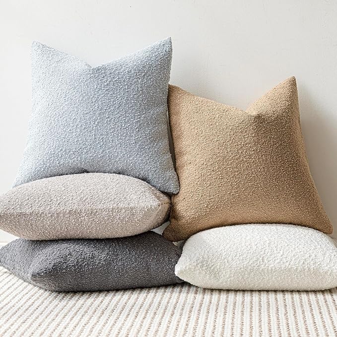 Foindtower Set of 2, Decorative Textured Boucle Throw Pillow Covers Accent Solid Pillow Cases Neutral Soft Cozy Couch Cushion Case for Chair Sofa Bedroom Living Room Home Decor 24 x 24 Inch Light Blue