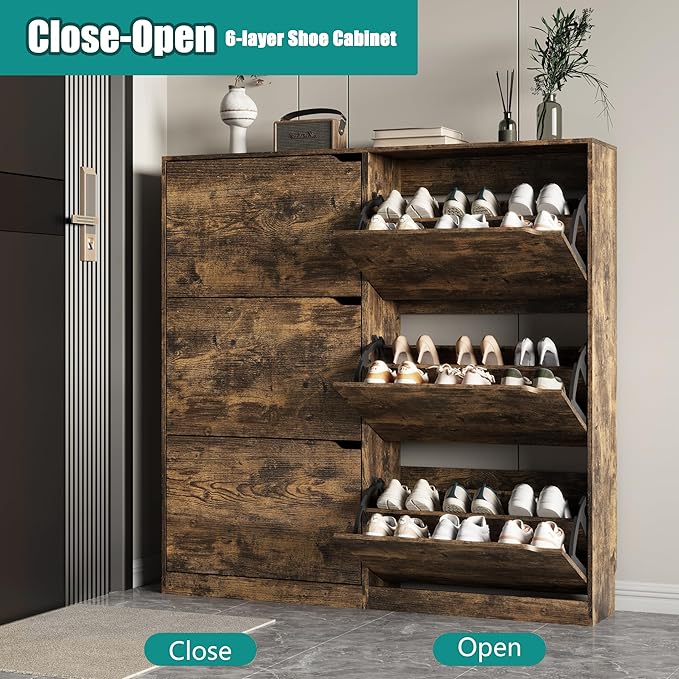 Shoe Storage Cabinet for Entryway with 6 Flip Drawers, Sturdy Wood Hidden Shoe Storage, Freestanding Narrow Slim Shoe Organizer for Front Door Entrance, Living Room, Hallway, Bedroom, Brown