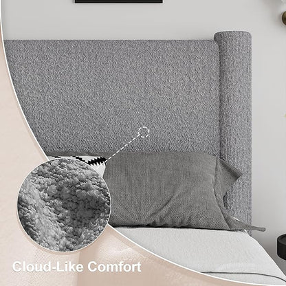 King Size Bed Frame, Boucle Upholstered Platform Bed with Headboard and Footboard, Soft Rounded Corners, No Box Spring Required, Easy Assembly, Light Grey