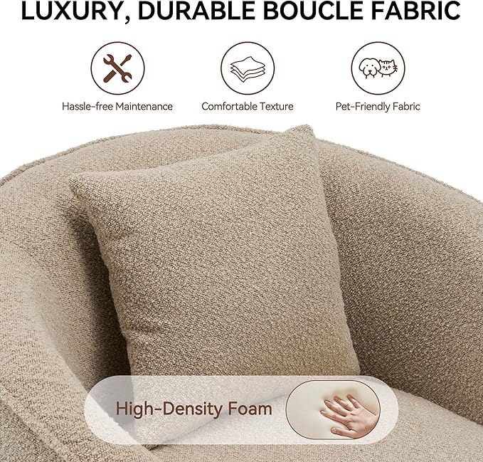 Swivel Accent Chair, Modern Upholstered Boucle Barrel Arm Chairs with Pillow for Living Room, 360 Degree Round Swivel Sherpa Armchair with Round Base for Bedroom Club (1, Light Brown)