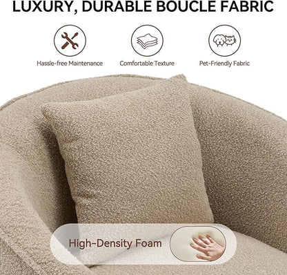 Swivel Accent Chair, Modern Upholstered Boucle Barrel Arm Chairs with Pillow for Living Room, 360 Degree Round Swivel Sherpa Armchair with Round Base for Bedroom Club (1, Light Brown)
