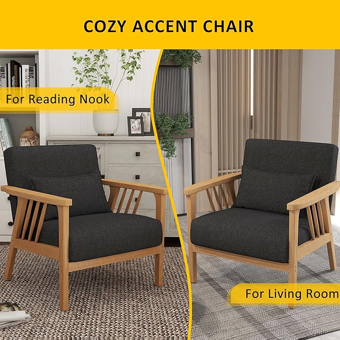 Mid-Century Modern Accent Chair, Linen Armchair and Lounge Chair with Lumbar Pillow, Wide Seat & Solid Wood Frame for Living Room, Bedroom or Balcony （Dark Gray）