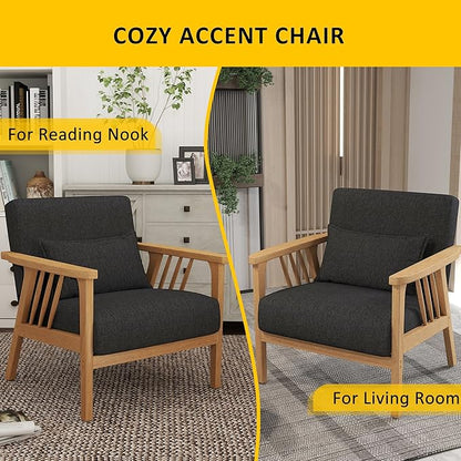 Mid-Century Modern Accent Chair, Linen Armchair and Lounge Chair with Lumbar Pillow, Wide Seat & Solid Wood Frame for Living Room, Bedroom or Balcony （Dark Gray）
