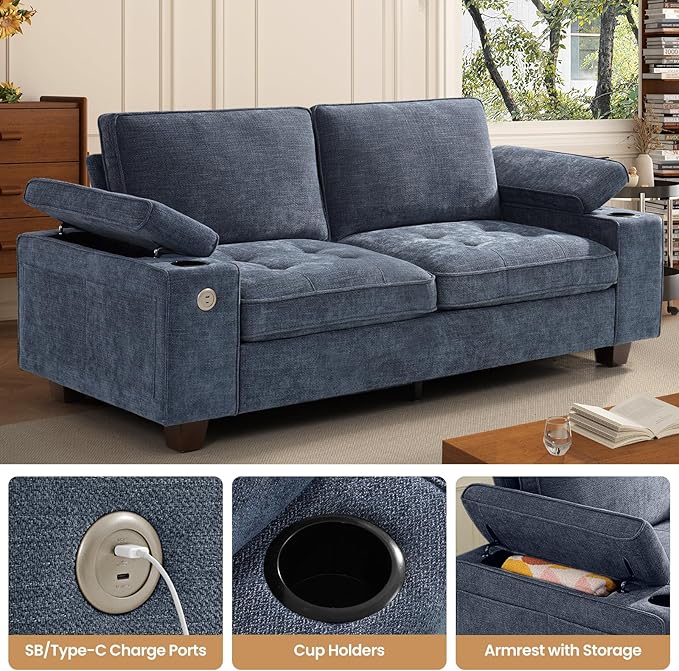 84" Loveseat for Living Room,Modern Chenille Upholstered 2-Seater Loveseat Couch for Apartment,Solid Wood Sofa with Adjustable Storage Armrest,Cup Holders,USB & Type-C Ports(Blue)