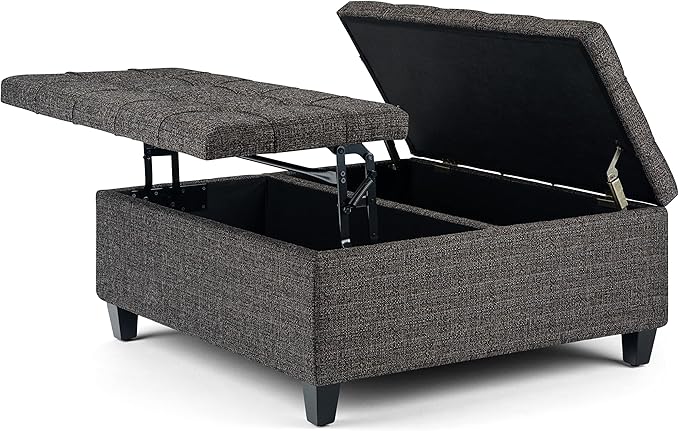 SIMPLIHOME Harrison 36 inch Wide Transitional Square Coffee Table Storage Ottoman in Ebony Tweed Look Fabric, Assembled, For the Living Room and Bedroom
