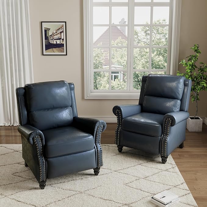 Pushback Recliner Chairs Set of 2, Faux Leather Wingback Recliner Chair, Upholstered Armchair Push Back Recliner with Wood Legs, Rivet Trim Single Sofa Accent Chair for Living Room, Bedroom, Navy
