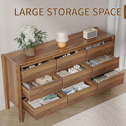 CHUWELL Dresser for Bedroom, 63" Wide Mid Century Modern Chest of Drawers with 9 Large Storage Space and 4 Solid Wood Cylindrical Legs, 9 Drawer Large Dresser for Bedroom(Walnut)