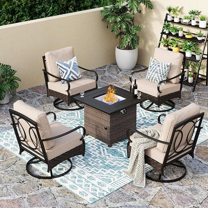 Patio Furniture Set with 32" Fire Pit Table, Patio Conversation Sets 4 Swivel Chairs with Thick Cushion and 50000 BTU Fire Pit Table (5 Pieces,Beige)